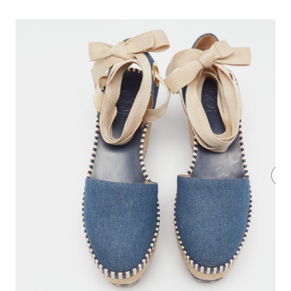 Tory Burch Blue Denim Dandy Ankle Wrap Espadrille Wedge Sandals